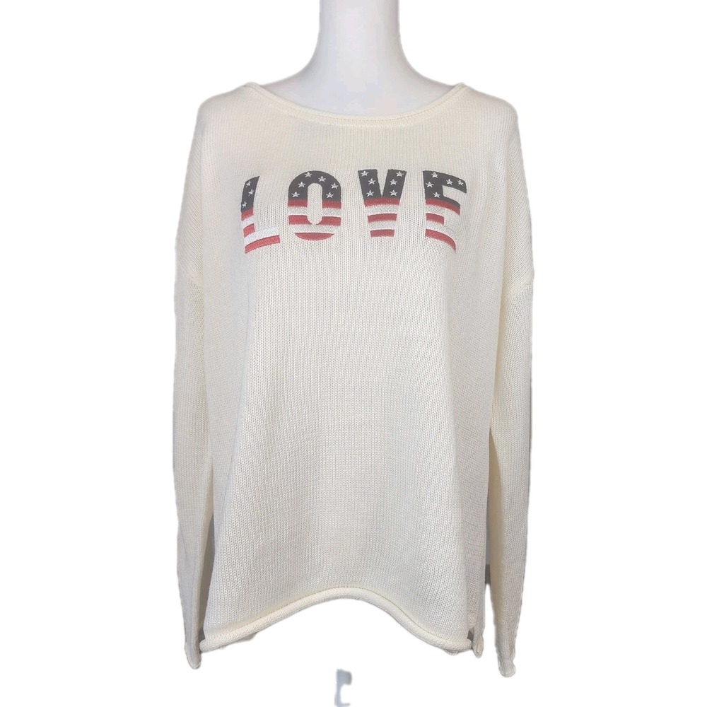 Marled Love Sweater Womens XL Ivory Red Blue Embroidered Patriotic America 250‎